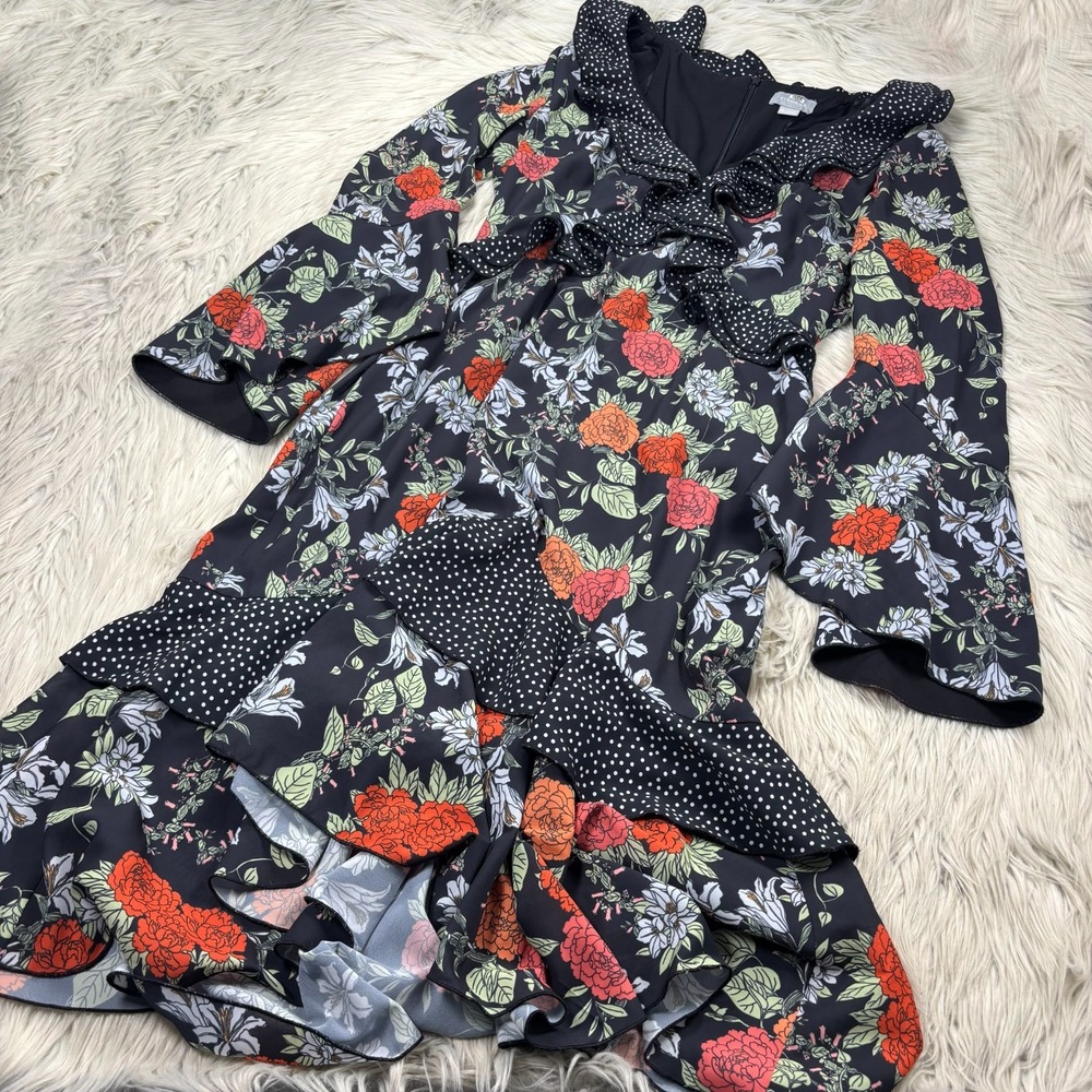 Finders Keepers Women's L Black Floral Polka Dot Astral Dress Ruffle Feminine